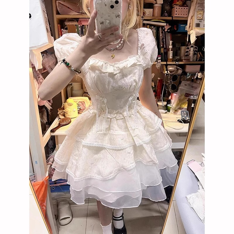 French Style First Love Puff Sleeve dress Women's Summer Design Sense Cake Skirt Petite Waist-cut Princess Puff Skirt