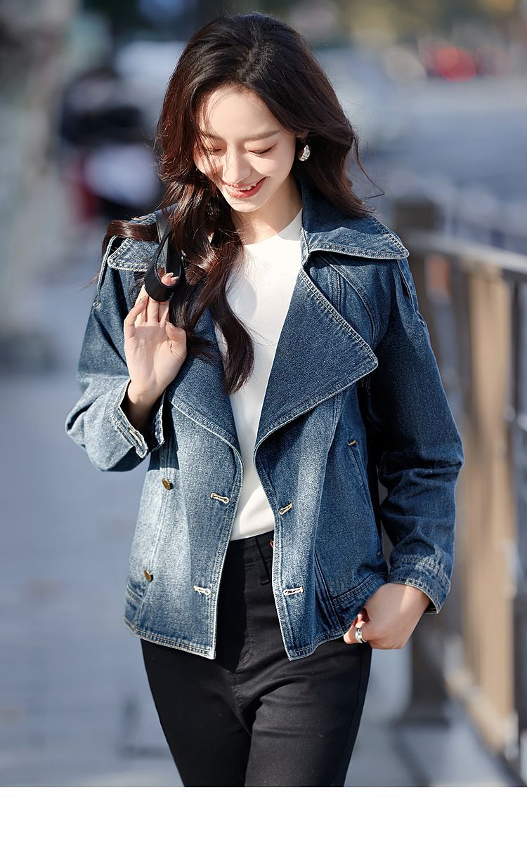 Women's Casual Stylish Trench Coat Short Collared Denim Jacket Spring Autumn New Fashion Style_mkmklike.com