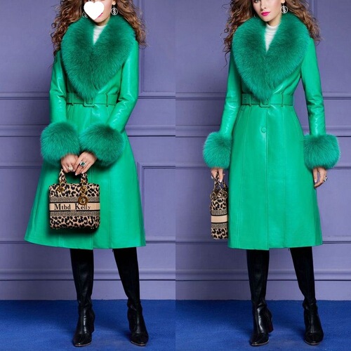 Hollywood Glamour Fox Fleece Collar Leather Jacket, Chic Celebrity Style faux fur trimmed coat, Goddess Washed Leather Cotton Warm Coat Trendy