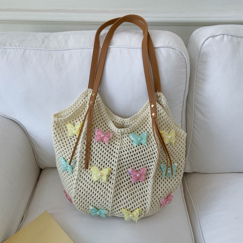 Bolso Tote de moda coreana 2025 verano nuevo bolso femenino bolso de mariposa de encaje bolso de hombro de punto de gran capacidad