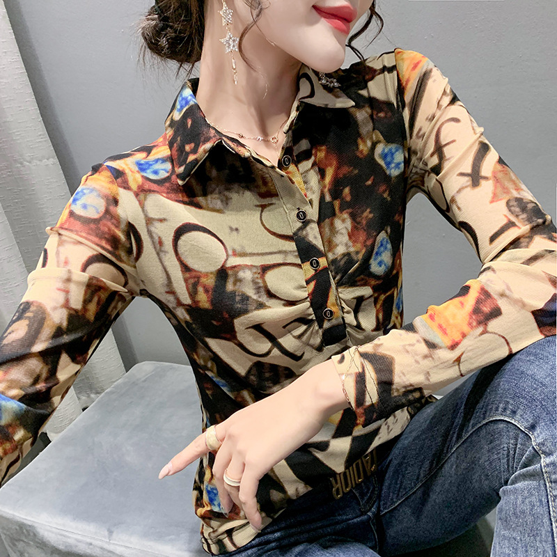 工厂2025春款立领女装长袖修身网纱印花套头衬衫女百搭气质小衫潮