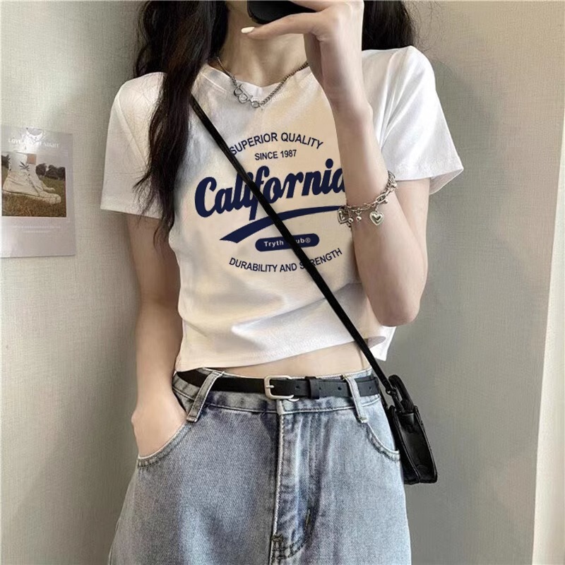 Dropshipping Pure Cotton White T-Shirt Women's Design Right Shoulder Short-Sleeved Summer Letter Print High-Waist Sexy Top
