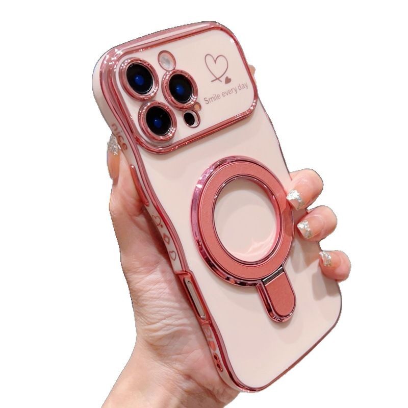 iPhone17Promax対応 波型ハート型スマホケース Apple15対応 メッキ磁気スタンド付き 落下防止保護ケース|undefined