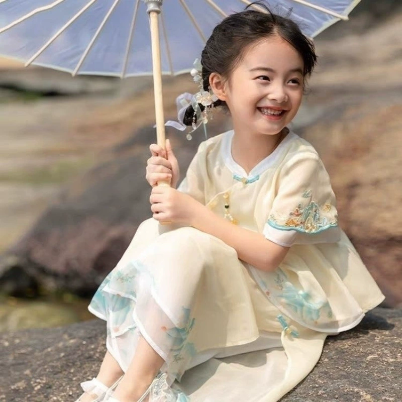 Летний детский костюм Hanfu в китайском стиле для девочек, модный модный комплект из двух предметов в китайском стиле для маленьких девочек