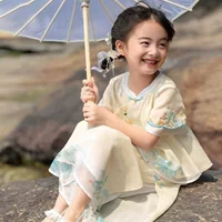 Летний детский костюм Hanfu в китайском стиле для девочек, модный модный комплект из двух предметов в китайском стиле для маленьких девочек