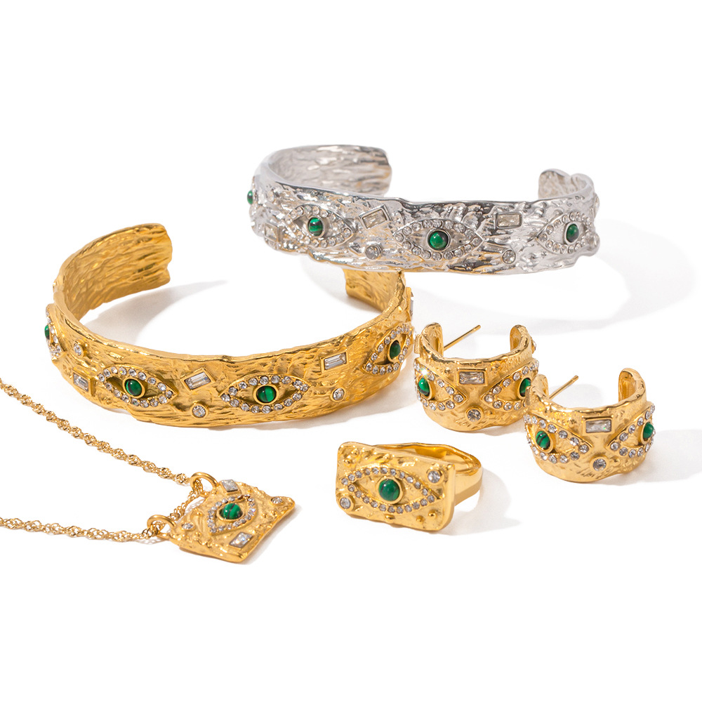 INS estilo francés de las mujeres 18k de oro con incrustaciones de circón verde malaquita lava cuadrado ojo del diablo anillo cuadrado al por mayor