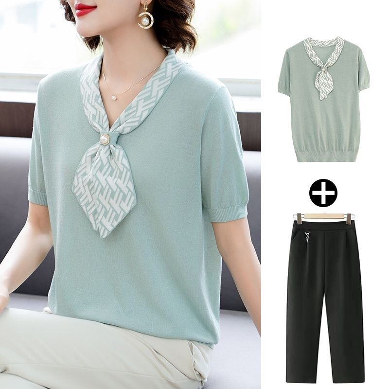 Mom's Summer Outfit Stylish Ice Silk Short-Sleeve T-Shirt Middle-Aged Women's Clothing Mother's Day Top Middle-Aged and Elderly Summer Two-Piece Set Mom's Summer Outfit Stylish Ice Silk Short-Sleeve T-Shirt Middle-Aged Women's Clothing Mother's Day Top Middle-Aged and Elderly Summer Two-Piece Set