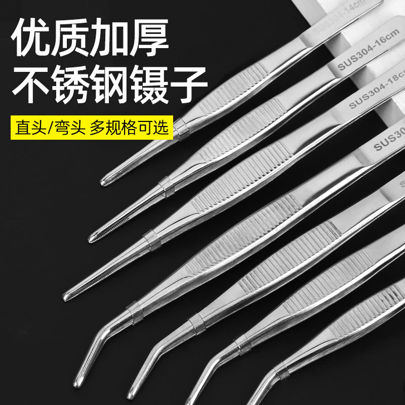 镊子夹304不锈钢加长加厚直弯带齿敷料镊多肉实验室喂食喂鱼圆头