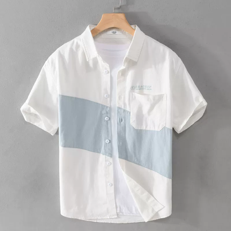 Простая мужская рубашка с короткими рукавами в стиле пэчворк, новый летний стиль, свободная и универсальная, удобная цветовая блокировка, тонкая и стильная трендовая мужская рубашка для молодых людей.