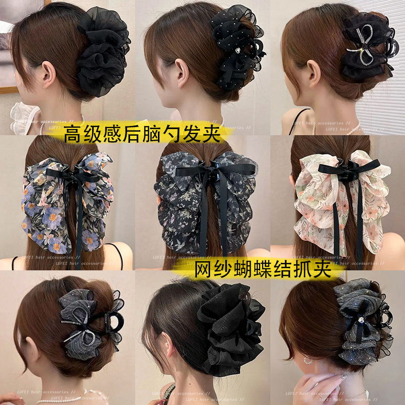 black large size mesh bow grip female 2024 new high sense barrettes head shark clip hairware