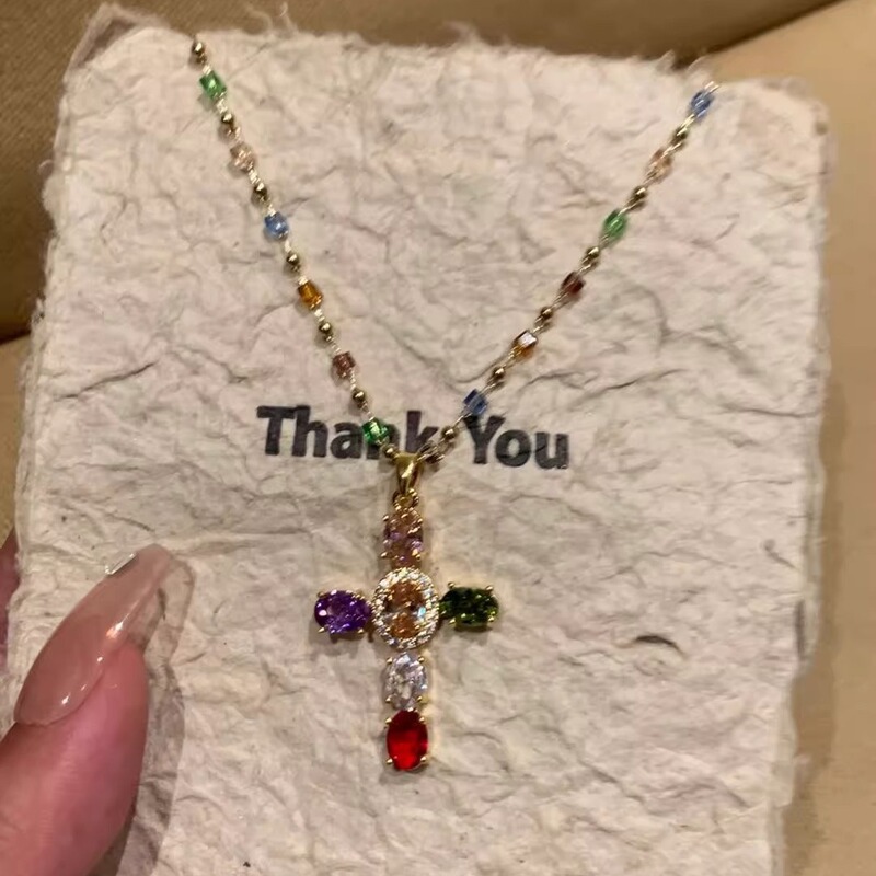 [Many stars] Super flash color zircon cross necklace sweet cool style niche design personalized clavicle chain female