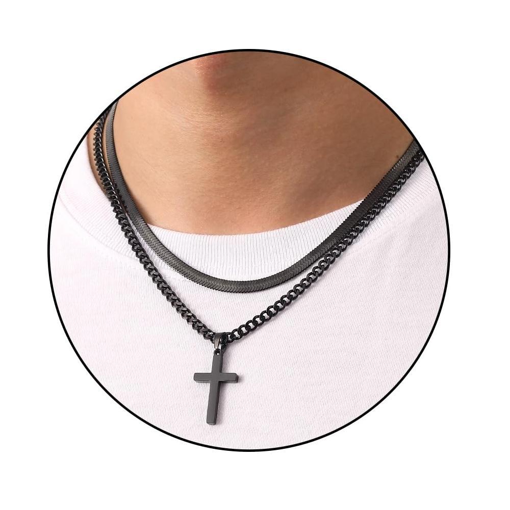 Cross Pendant Layered Necklace In Stainless Steel For Women_voghion.com
