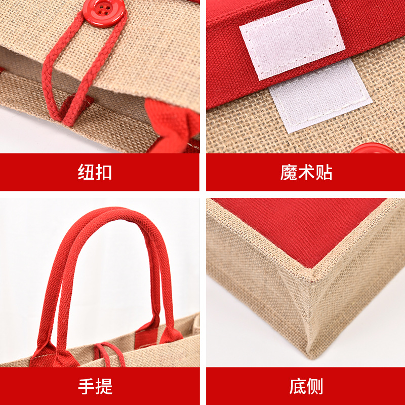 En stock ins estilo botón Portátil Bolsa de lino de gran capacidad impermeable bolsa exterior de Velcro Bolsa De yute al por mayor