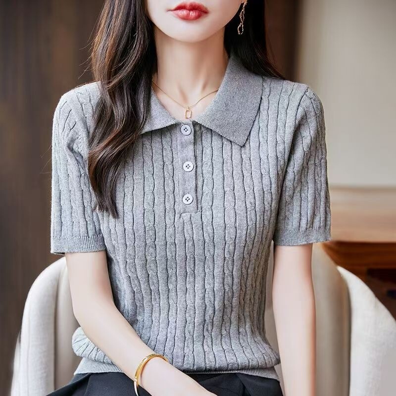Summer High-End Polo Collar Solid Color Short-Sleeve New Fashion Knit Top Stylish Slim-Fit Short-Sleeve Ins Summer High-End Polo Collar Solid Color Short-Sleeve New Fashion Knit Top Stylish Slim-Fit Short-Sleeve Ins