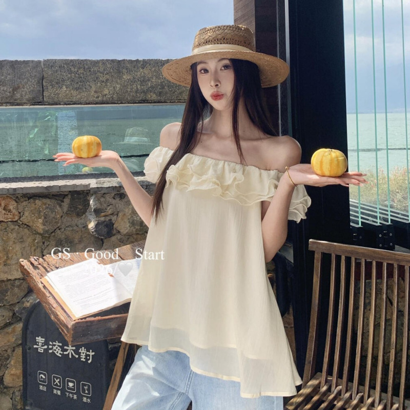 Gs.Good Start Summer French-Style Sweet and Gentle Lace Design One-Shoulder Flowing Blouse N0863W Gs.Good Start Summer French-Style Sweet and Gentle Lace Design One-Shoulder Flowing Blouse N0863W