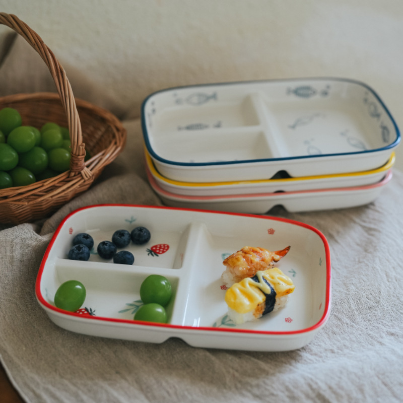 Japanese-Style Ceramic Divided Dinner Plate 211 Adult Portioned Three-Compartment Meal Plate Children's Tableware Set Cute and Fun Tableware