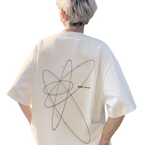 Ellipse curve design niche pure cotton heavy-duty short-sleeve men's summer basic popular loose round neck base T-shirt