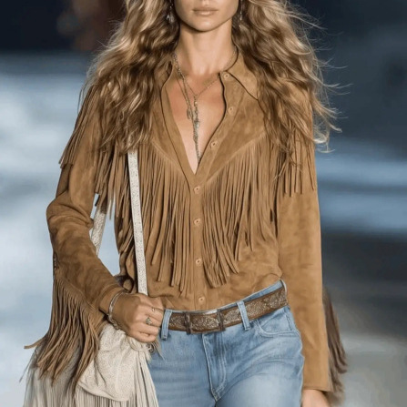 Cross-Border European Size Spring and Autumn Women's Bohemian Style Tassel Casual Shirt
