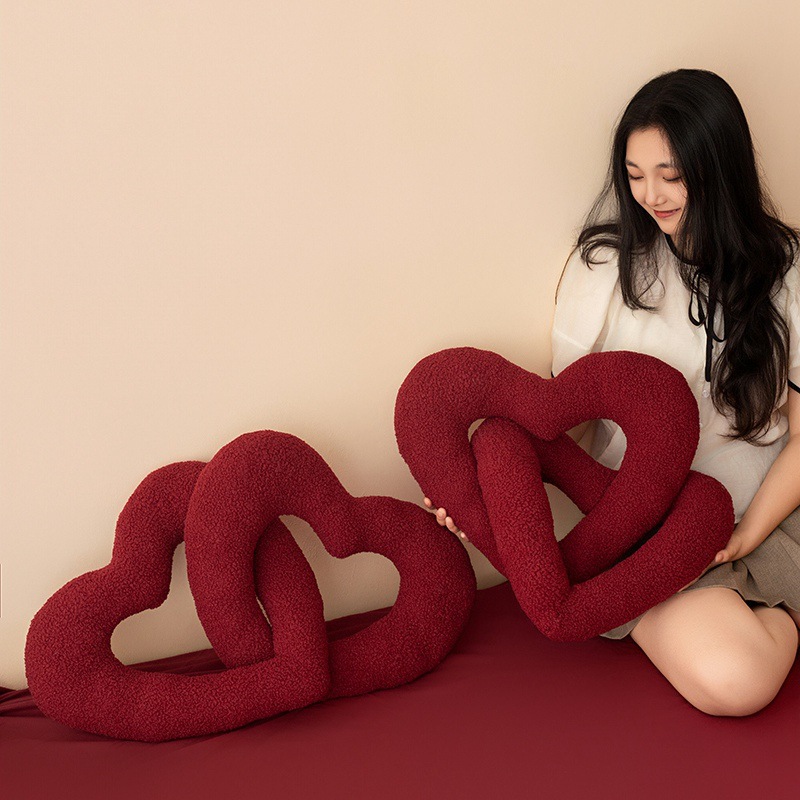 Love Heart Knot Pillow Red One-Piece Teddy Velvet Couple Wedding Bed Doll Bedroom Sofa Decorative Pillow