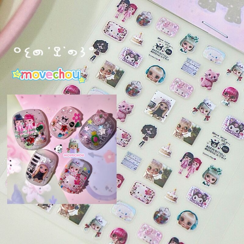 Korean-Style Vintage Showa Nail Art Stickers Sanrio Collection Cute Little Doll Heads Playful and Adorable Kitty Ultra-Thin