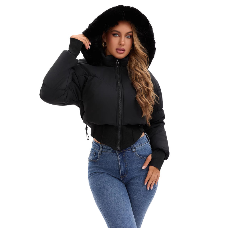 European and American Style Large Fur Collar Hooded Short Cotton Jacket for Women, New Autumn and Winter Thickened Warm Cotton Coat with Waist-Cinching Design