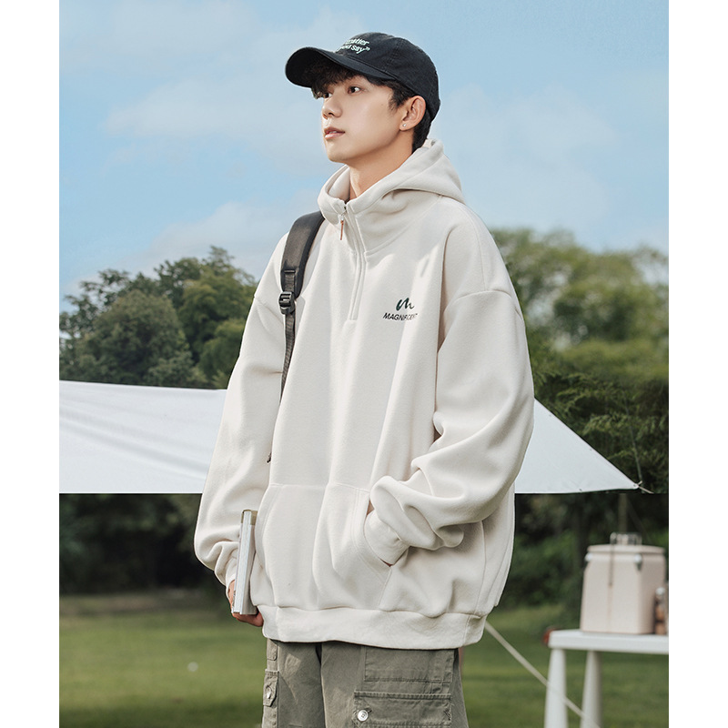 430g Heavyweight Fleece Half-Zip American-Style Hooded Sweatshirt for Men, New Spring Style, Loose Casual Jacket for Couples Q