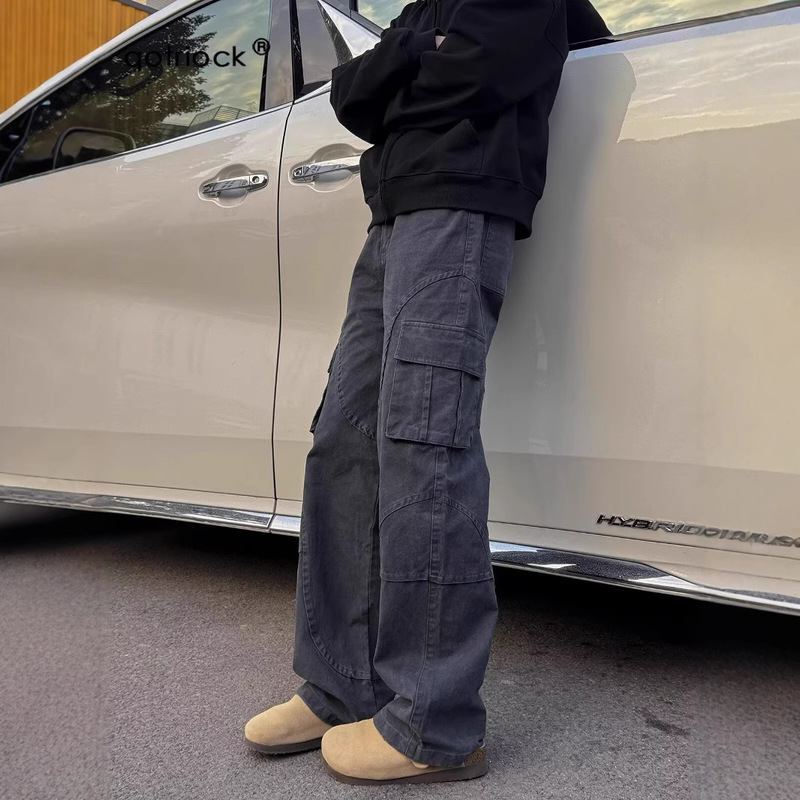 Y2K American Retro Multi-Pocket Overalls Women's Men's 2024 Autumn Fashion Brand Loose clenfit Straight Jeans