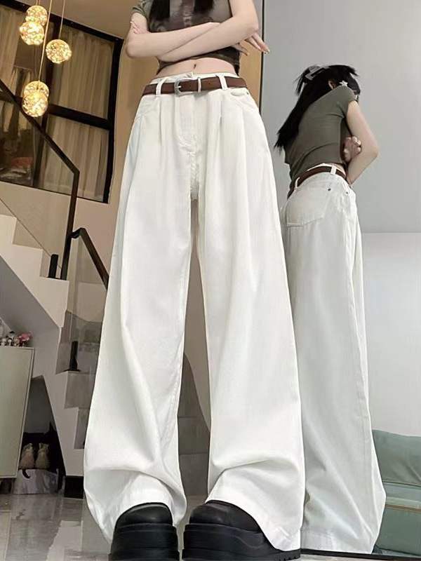 纯白色休闲裤女牛仔拖地裤2025新款高腰显瘦宽松阔腿直筒裤长裤子|undefined