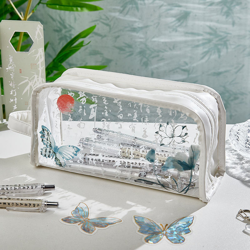 Nuevo estuche de lápices literario de estilo nacional de estilo chino, estuche de lápices para estudiantes de alto valor de nicho, caja de papelería impermeable transparente de gran capacidad de marea nacional