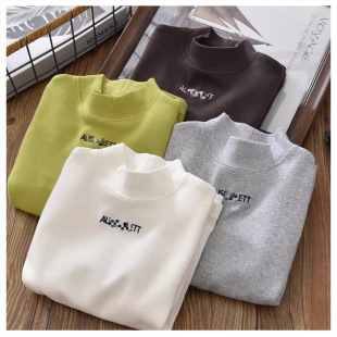Boys' autumn and winter New Western style solid color top for middle and big children Korean style fashionable letter half turtleneck bottoming shirt trendy