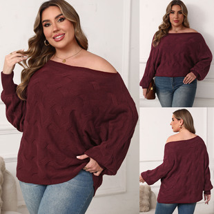 Plus Size Women's Cross-Border European and American Sexy One-Line Collar Off-Shoulder Asymmetrical Top Bat-Sleeve Loose Pullover Sweater for Women