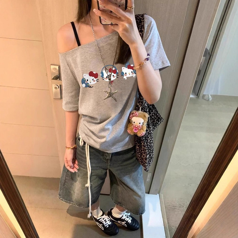 韓国グレーワンショルダーキティ猫プリント斜め肩半袖Tシャツレディース夏新作人気ハイエンドトップ|undefined