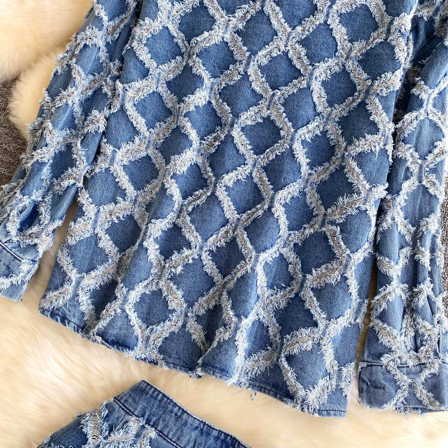 Women's Denim Shirt And Shorts Set Diamond Pattern Frayed Edge_voghion.com