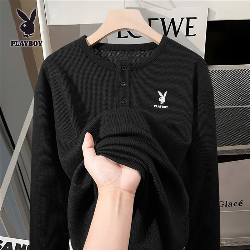 Playboy American-Style Henry Collar Long-Sleeved T-Shirt for Men, Heavyweight Waffle Texture Casual Base Shirt for Men