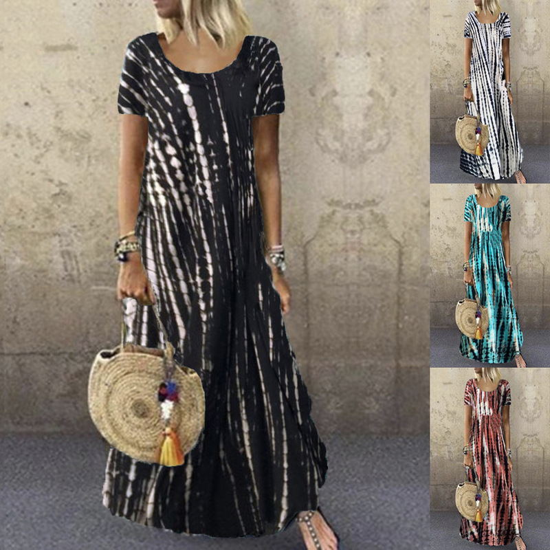 Summer European and American New Arrival Dress wish Cross-border Crewneck Short Sleeve Tie-dye Printed Large Swing Long Dress Large Size Casual Dress