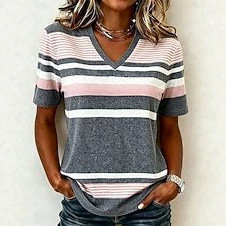 2026 New Summer Style Striped Geometric Print, Cross-Border Vacation Favorite V-Neck Short-Sleeved Casual T-Shirt 2026 New Summer Style Striped Geometric Print, Cross-Border Vacation Favorite V-Neck Short-Sleeved Casual T-Shirt