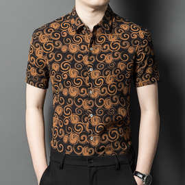 2025男士短袖衬衫男桑蚕丝中年爸爸装夏季真丝衬衣男装潮流花抗菌