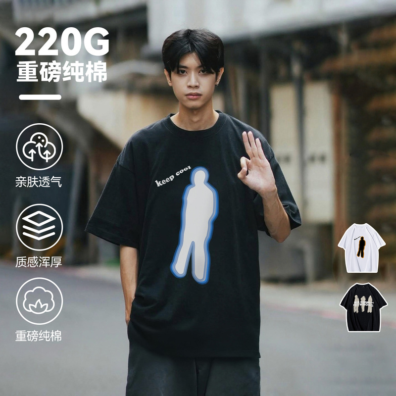 American High Street Vibe Style Creative Portrait Printed Cotton Short-Sleeved T-Shirt Men's Summer Loose and Versatile Half-Sleeved Top