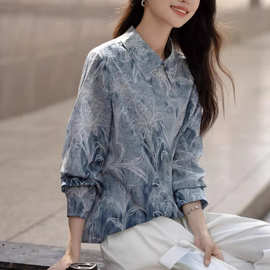 2026春季水墨扎染复古线条印花衬衫后领开襟扣小个子衬衣女装上衣