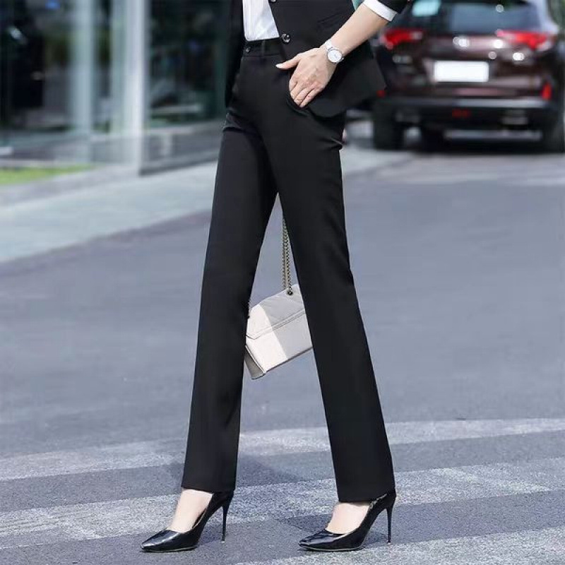 Women's Black High-Waisted Straight-Leg Slim-Fit Business Dress Pants for Spring, Autumn, and Winter