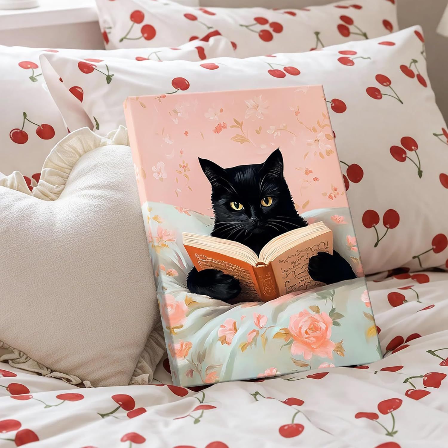 Canvas Wall Art Cute Cat Painting Canvas Print Funny Black Cat Reading Picture Wall Decoration Pink Retro Animal