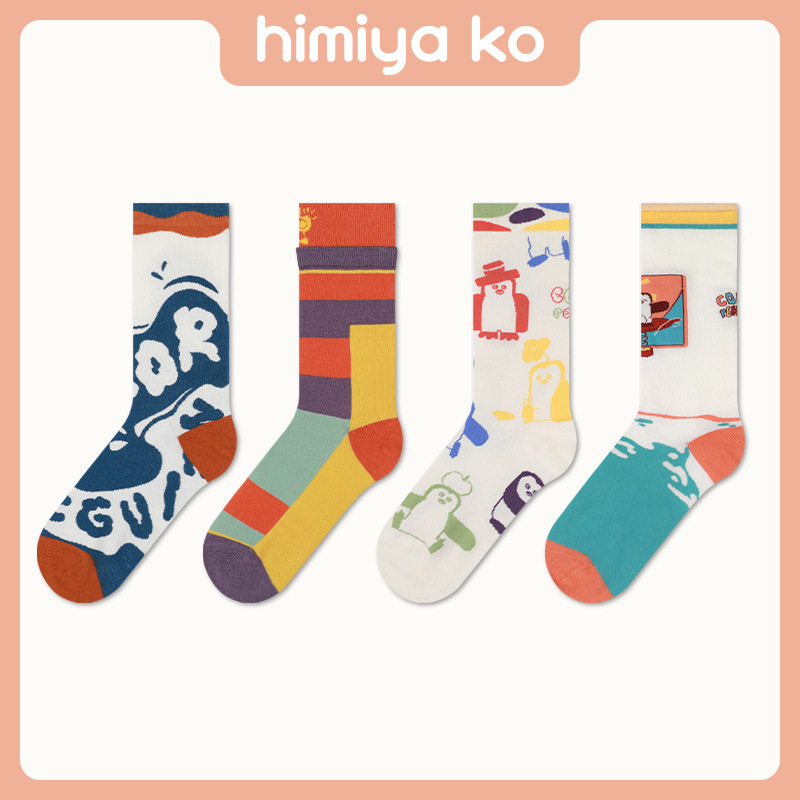 Spring and Autum Women's Mid-Calf Socks Penguin Cartoon Illustration Cute Adult Cotton Socks Ins Style Casual Socks Spot Manufacturer