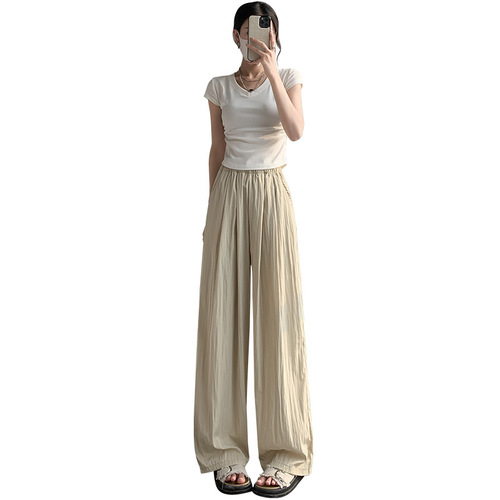 Summer thin ice silk wide-leg casual pants in cream color for women, loose and lazy style, Korean and Japanese series Yamamoto pants