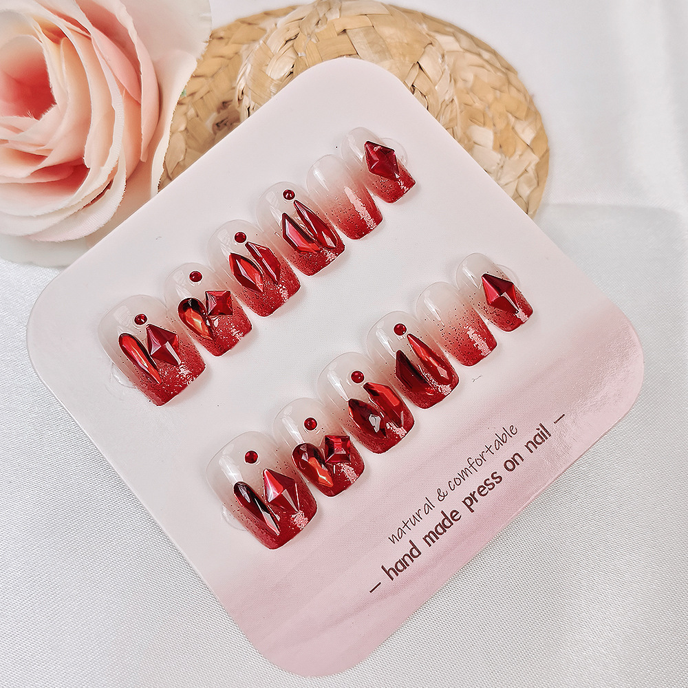 Uñas postizas 3D rojas populares, deslumbrantes puntas de uñas estilo rojo vino puro, 24 piezas de uñas postizas terminadas, venta directa. image 4