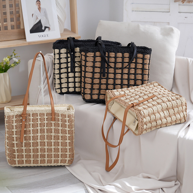New Style Straw Woven Shoulder Bag, Woven Tote Bag, Large Capacity Zipper Phone Pocket, Simple Handbag, Women's Bag New Style Straw Woven Shoulder Bag, Woven Tote Bag, Large Capacity Zipper Phone Pocket, Simple Handbag, Women's Bag