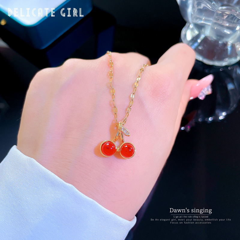 Fashion Cherry Titanium Steel Inlay Artificial Gemstones Necklace 1 Piece