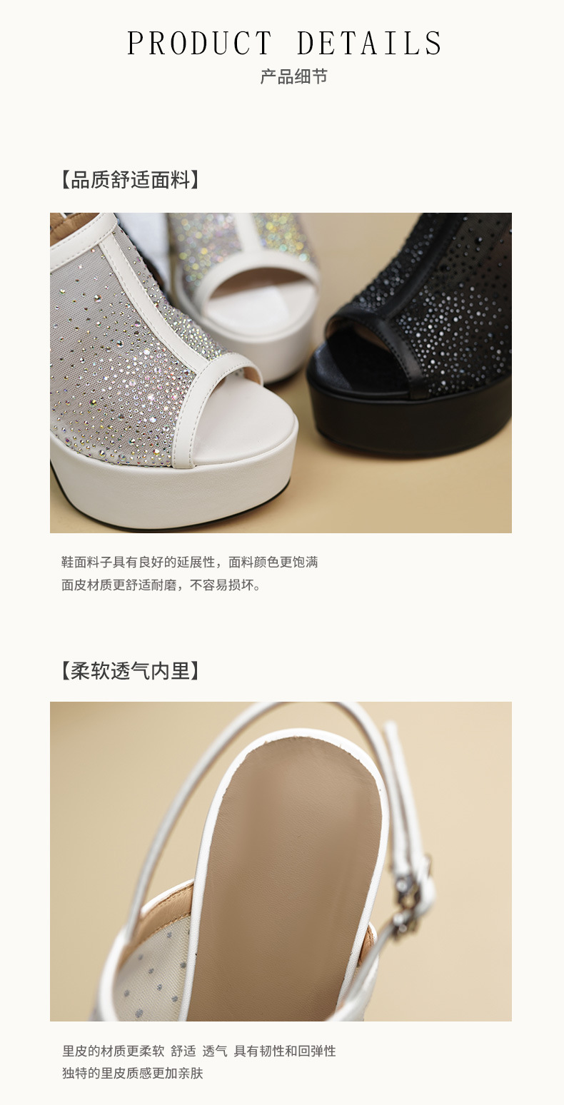 Sandal cao gót nữ đính đá lưới, đế xuồng siêu cao gót, mũi hở kiểu La Mã — đen chi tiết 8