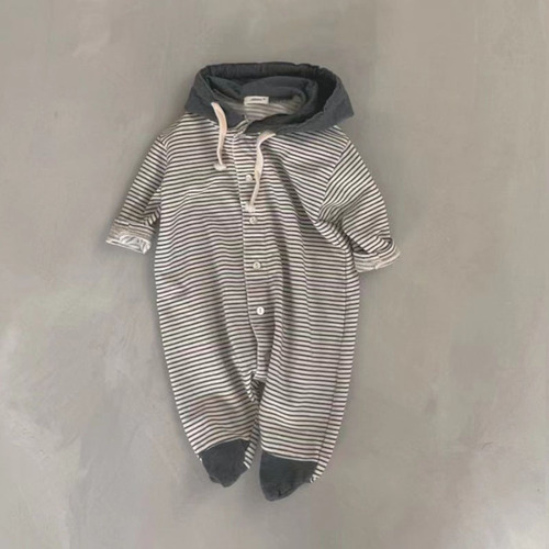 Korean version of ins baby striped casual hooded crawler clothes for men and women, spring and autumn foot-wrapped one-piece romper for men and women