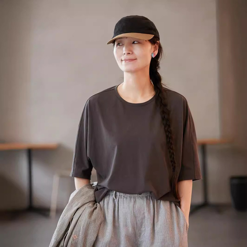 Literary and Casual Summer Stone Gray Cotton Round Neck Loose Slimming Look One-Piece Sleeve T-Shirt