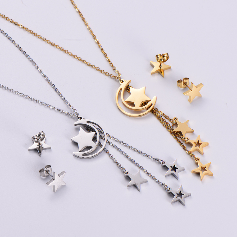Fashion Elegant Hollow out Moon Star Tassel Pendant Necklace Ear Stud